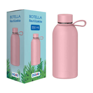dohe botella reutilizable 350ml acero inoxidable de doble pared libre de bpa tapon hermetico antigoteo de acero inoxidable recubierta de caucho color rosa