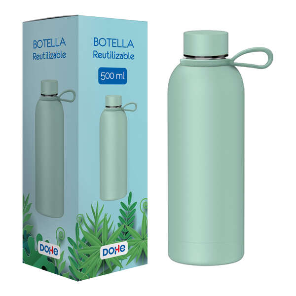 dohe botella reutilizable 500ml acero inoxidable de doble pared libre de bpa tapon hermetico antigoteo de acero inoxidable recubierta de caucho color verde