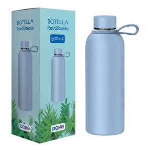 dohe botella reutilizable 500ml acero inoxidable de doble pared libre de bpa tapon hermetico antigoteo de acero inoxidable recubierta de caucho color azul