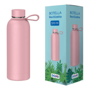 dohe botella reutilizable 500ml acero inoxidable de doble pared libre de bpa tapon hermetico antigoteo de acero inoxidable recubierta de caucho color rosa