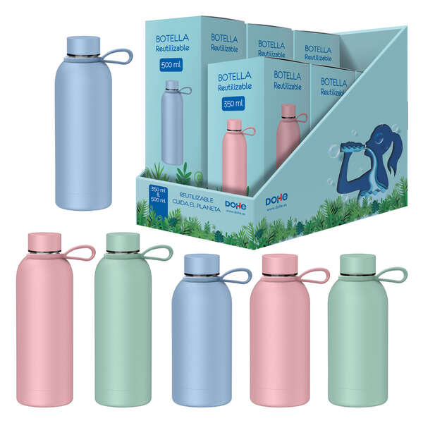dohe expositor de 6 botellas reutilizables 3x 500ml y 3x 350ml acero inoxidable de doble pared libre de bpa tapon hermetico antigoteo de acero inoxidable recubierta de caucho colores surtidos