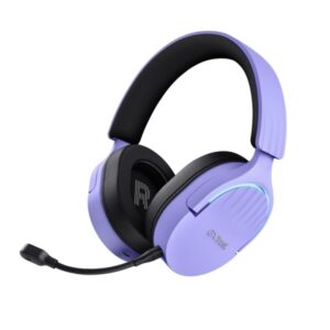 trust gxt491 fayzo auriculares gaming bluetooth, usb 2.4ghz iluminacion rgb microfono extraible diadema ajustable autonomia hasta 22h controles de facil acceso color morado