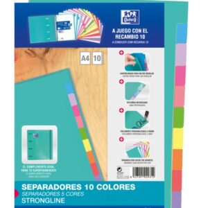 oxford strongline a4 separadores 10 posiciones de diferentes colores 4 taladros cartulina 200gr