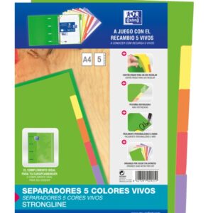 oxford strongline a4 separadores 5 posiciones 4 taladros cartulina 200gr colores surtidos