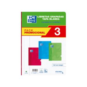 oxford school classic pack 3 libreta grapada a4 tapa blanda 4x4 con margen 48 hojas 3 colores