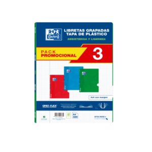 oxford school classic pack 3 libreta grapada openflex tapa de plastico a4 4x4 con margen 48 hojas 3 colores