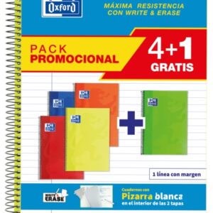oxford school classic write&erase pack 4+1 fº cuaderno espiral tapa extradura 1 linea con margen 80 hojas colores surtidos