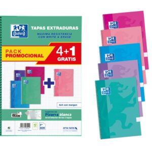 oxford school write&erase pack 4+1 de cuaderno espiral 80 hojas cuadricula 4x4 con margen tapa extradura colores surtidos