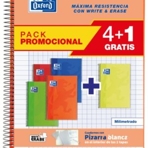 oxford school classic write&erase pack de 5 cuadernos espiral tapa extradura tamaño folio milimetrado con margen 80 hojas colores surtidos