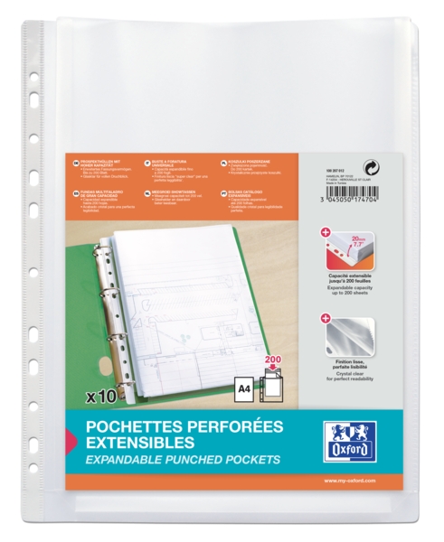oxford pack de 10 fundas multitaladro a4 con fuelle gran capacidad polipropileno 200µ acabado cristal