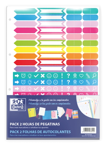 oxford pack de 2 hojas de stickers diseño variado adhesivo de alta calidad ideal para decorar cuadernos