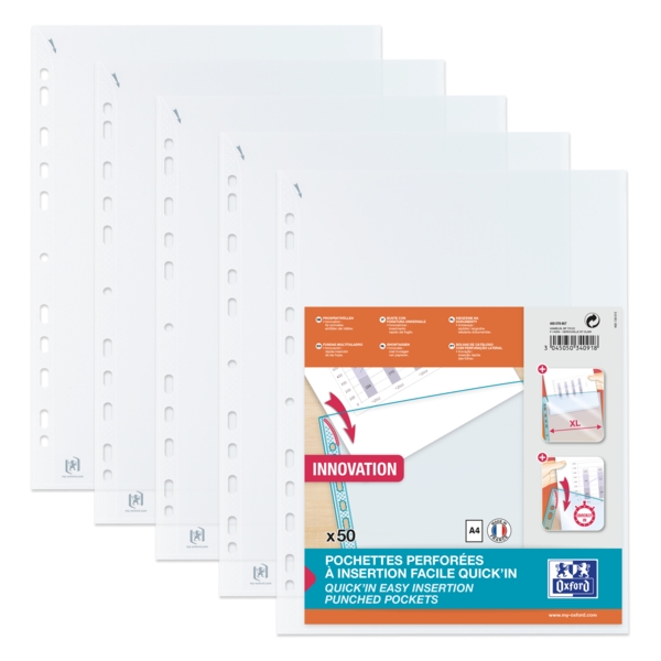 oxford quick'in a4 pack de 50 fundas multitaladro polipropileno estandar cristal 50 micras 11 taladros facil insercion transparente