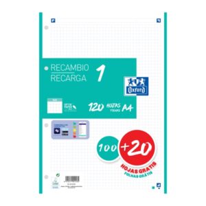 oxford school recambio a4 120 hojas cuadricula 5x5mm 4 taladros banda de color ice mint