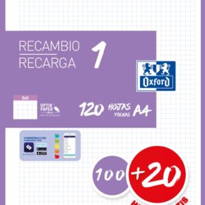 oxford school recambio a4 120 hojas cuadricula 5x5mm 4 taladros banda de color lila