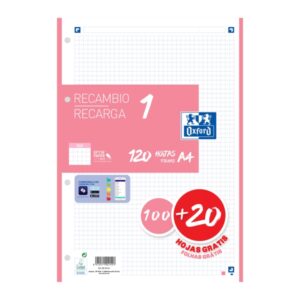 oxford school recambio a4 120 hojas cuadricula 5x5mm 4 taladros banda de color rosa
