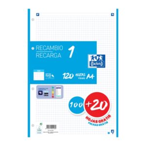 oxford school recambio a4 120 hojas cuadricula 5x5mm 4 taladros banda de color turquesa