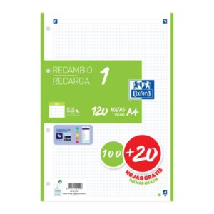 oxford school recambio a4 120 hojas cuadricula 5x5mm 4 taladros banda de color verde
