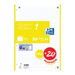 oxford school recambio a4 120 hojas cuadricula 5x5mm 4 taladros banda de color amarillo