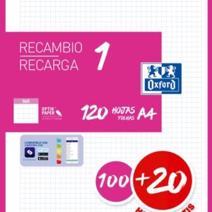 oxford school recambio a4 120 hojas cuadricula 5x5mm 4 taladros banda de color fucsia
