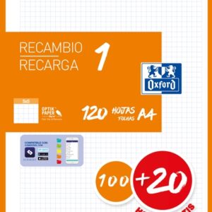 oxford school recambio a4 120 hojas cuadricula 5x5mm 4 taladros banda de color naranja