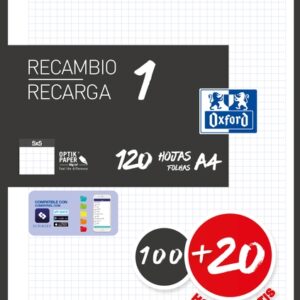 oxford school recambio a4 120 hojas cuadricula 5x5mm 4 taladros banda de color negro