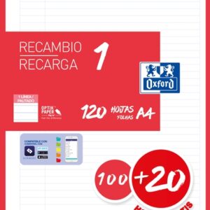 oxford school recambio a4 120 hojas 1 linea 4 taladros banda de color rojo