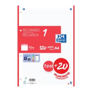 oxford school recambio a4 120 hojas cuadricula 5x5mm 4 taladros banda de color rojo