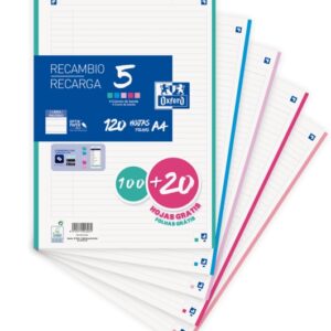 oxford school recambio 120 hojas a4 1 linea 4 taladros 5 bandas de color