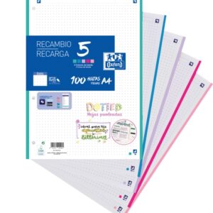 oxford 5 dotted recambio de 100 hojas formato a4 punteadas 4 taladros banda de 5 colores pastel