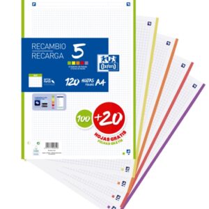 oxford school pack de 5 a4 recambio 4x4 promocion 100+20 hojas colores surtidos