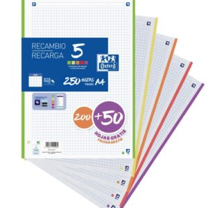 oxford school recambio con 250 hojas a4 cuadricula 5x5 5 bandas de color