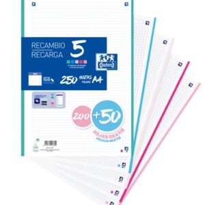oxford school pack de 5 a4 recambio 200+50 hojas colores surtidos