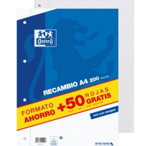 oxford school classic recambio con 250 hojas a4 cuadricula 4x4 con margen
