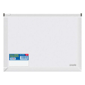 dohe bolsa zipper apaisada de polipropileno transparente 180 micras cierre zip hermetico blanco lomo expansible 30mm etiqueta frontal