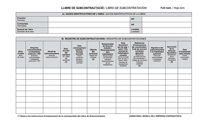 dohe libros de subcontratacion din a4 apaisado catalan/castellano 10 hojas numeradas hojas autocopiativas