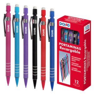 dohe portaminas recargable con cuerpo de plastico zona estriada para agarre clip metalico pulsador con goma de borrar punta de plastico para minas de 0.5mm