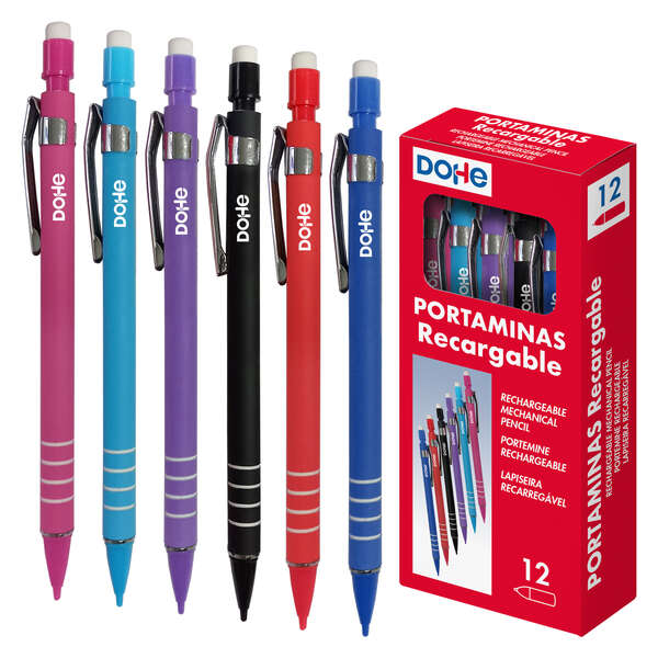 dohe portaminas recargable con cuerpo de plastico zona estriada para agarre clip metalico pulsador con goma de borrar punta de plastico para minas de 0.5mm