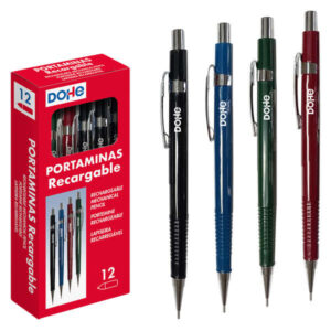 dohe portaminas recargable cuerpo de plastico zona estriada para agarre clip, pulsador y punta metalica goma de borrar para minas de 0.5mm