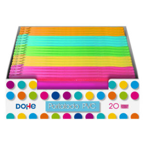 dohe expositor con 20 portatodos simples planos fabricados en pvc de 280 micras transparente cierre de cremallera colores surtidos