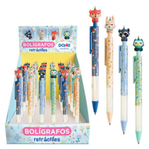 dohe forest elves boligrafos retractiles punta de bola metalica de 1mm tinta base de aceite en color azul cuerpo de plastico en colores vivos decorados con motivos forest elves