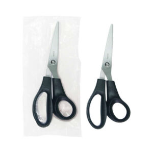 dohe tijera de acero inoxidable puntas redondeadas mango ergonomico de plastico color negro en bolsa de plastico individual