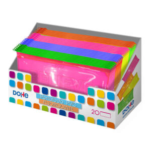dohe expositor con 20 portatodos simples planos fabricados en pvc de 280 micras transparente fluorescente cierre de cremallera colores surtidos
