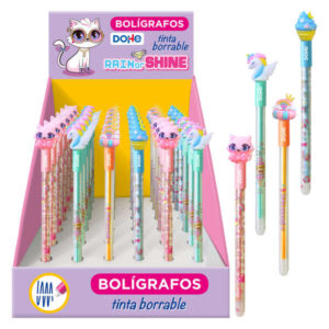 dohe rain or shine expositor de 36 boligrafos borrables punta de bola de 1,0mm y trazo de 0,5mm cuerpo de plastico en colores vivos tapa decorada con motivos rain or shine tinta azul
