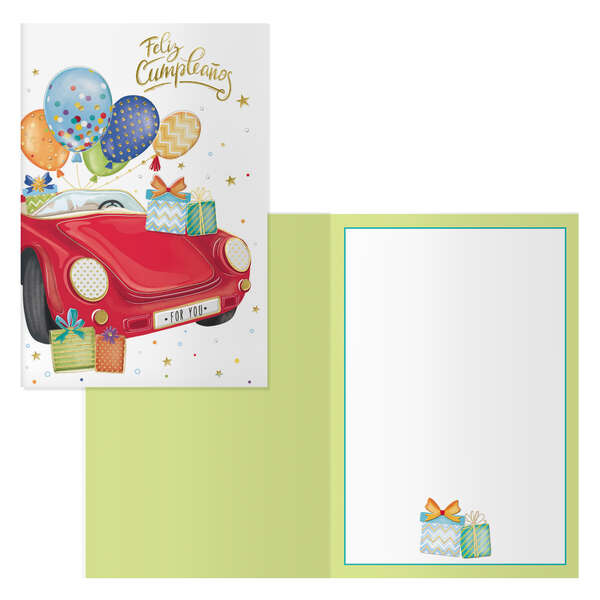 dohe pack de 6 tarjetas de felicitacion de cumpleaños 11.5x17cm impresion a todo color estampaciones con pelicula de color estampacion en seco papel offset blanco de 300gr incluye sobre de color