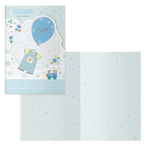 dohe tren pack de 6 tarjetas de felicitacion para nacimientos 11.5x17cm impresas a todo color estampaciones con pelicula de color estampacion en seco papel offset blanco de 300gr incluye sobre de color