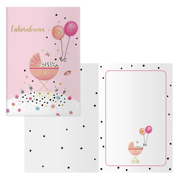 dohe cochecito pack de 6 tarjetas de felicitacion para nacimientos 11.5x17cm impresas a todo color estampaciones con pelicula de color estampacion en seco papel offset blanco de 300gr incluye sobre de color