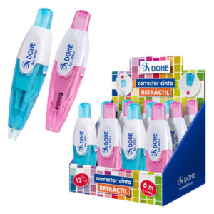 dohe expositor con 12 correctores de cinta retractiles 5mm x 6m cuerpo traslucido colores azul y rosa