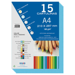 dohe pack de 15 cartulinas a4 de 180gr con ph neutro libres de cloro elemental color azul oceano