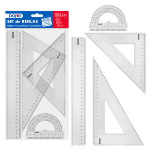 dohe set de reglas regla, escuadra, cartabon y transportador plastico inyectado transparente cristal cantos biselados y con reborde