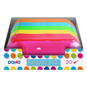 dohe expositor con 20 portatodos simples redondos fabricados en pvc de 280 micras transparente cierre de cremallera colores surtidos